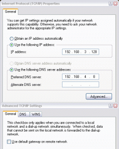 TCP/IP Properties, with a static address of 192.169.3.128, and a DNS server at 192.168.4.8.  Use default gateway option is disabled.