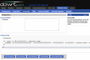 DD-WRT Commands screen with a server monitoring script.