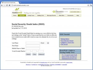 Screen shot of the SSDI website.