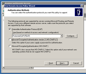 Authentication Methods page in the RRAS Remote Access Policy Wizard