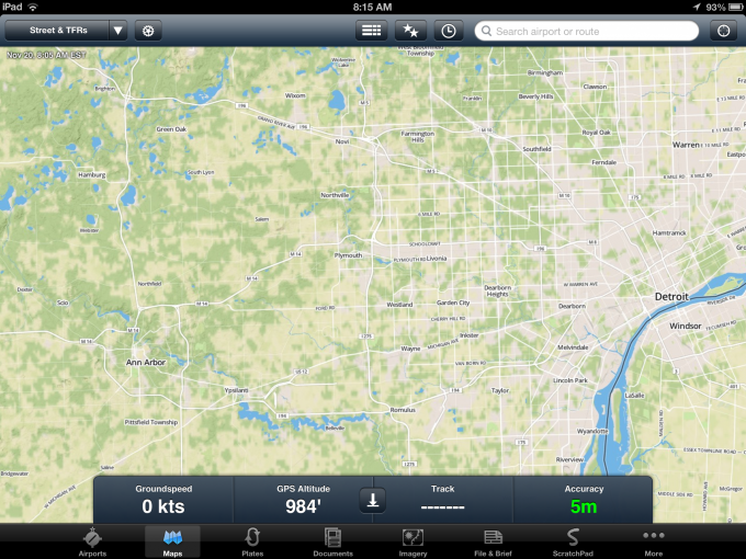 A screen shot of the map style used in ForeFlight.