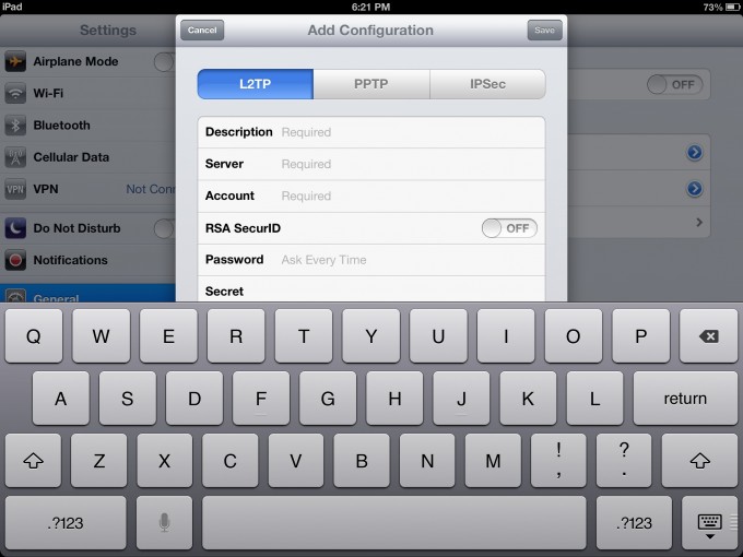 iPad screen shot of the VPN settings