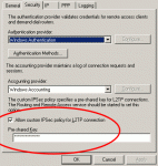 RRAS screen shot showing the Security tab of a server Properties dialog box.