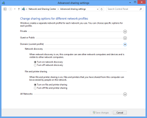 Screen shot showing the Advanced Sharing Settings area of the Windows 8 control panel.