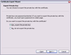 Export Private Key page in the Certificate Export Wizard