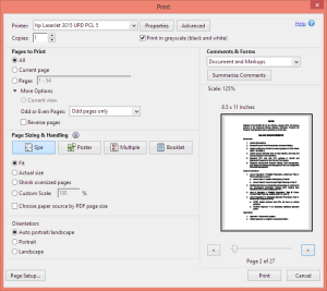 Acrobat print dialog for front sides